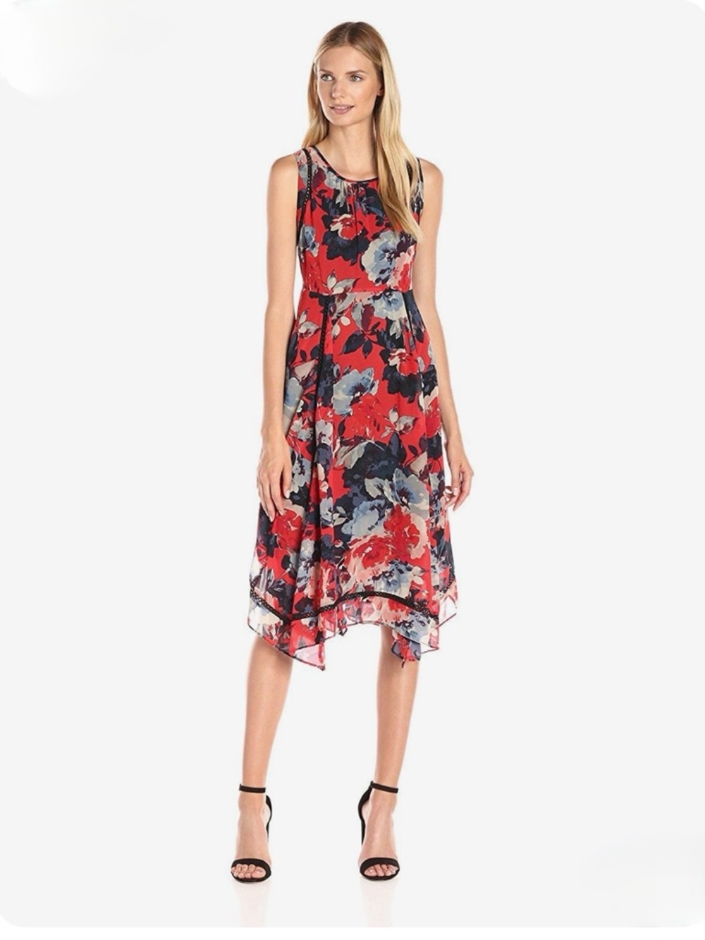 Just Taylor Floral Midi Dress Size 2 Red Black Sleeveless Handkerchief Hem